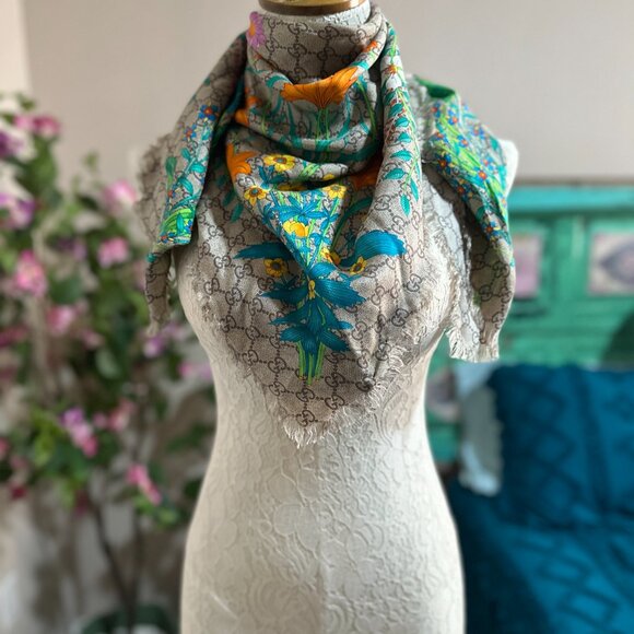 Gucci Modal Silk GG Monogram GG Tian Shawl Scarf Multi - Picture 2 of 9